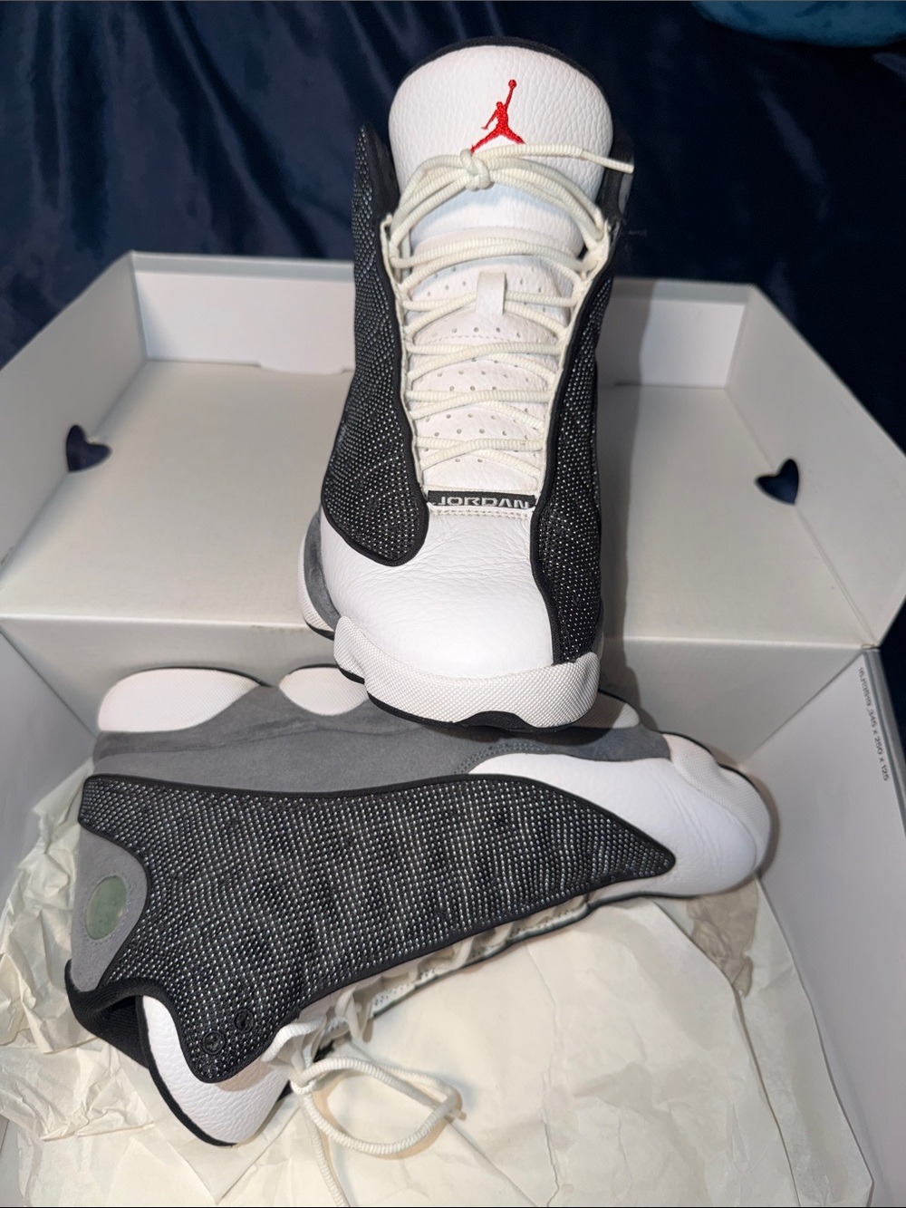 Jordan Men's Retro 13’s Athletic Sneakers - White/Black/Gray with Red Jumpman